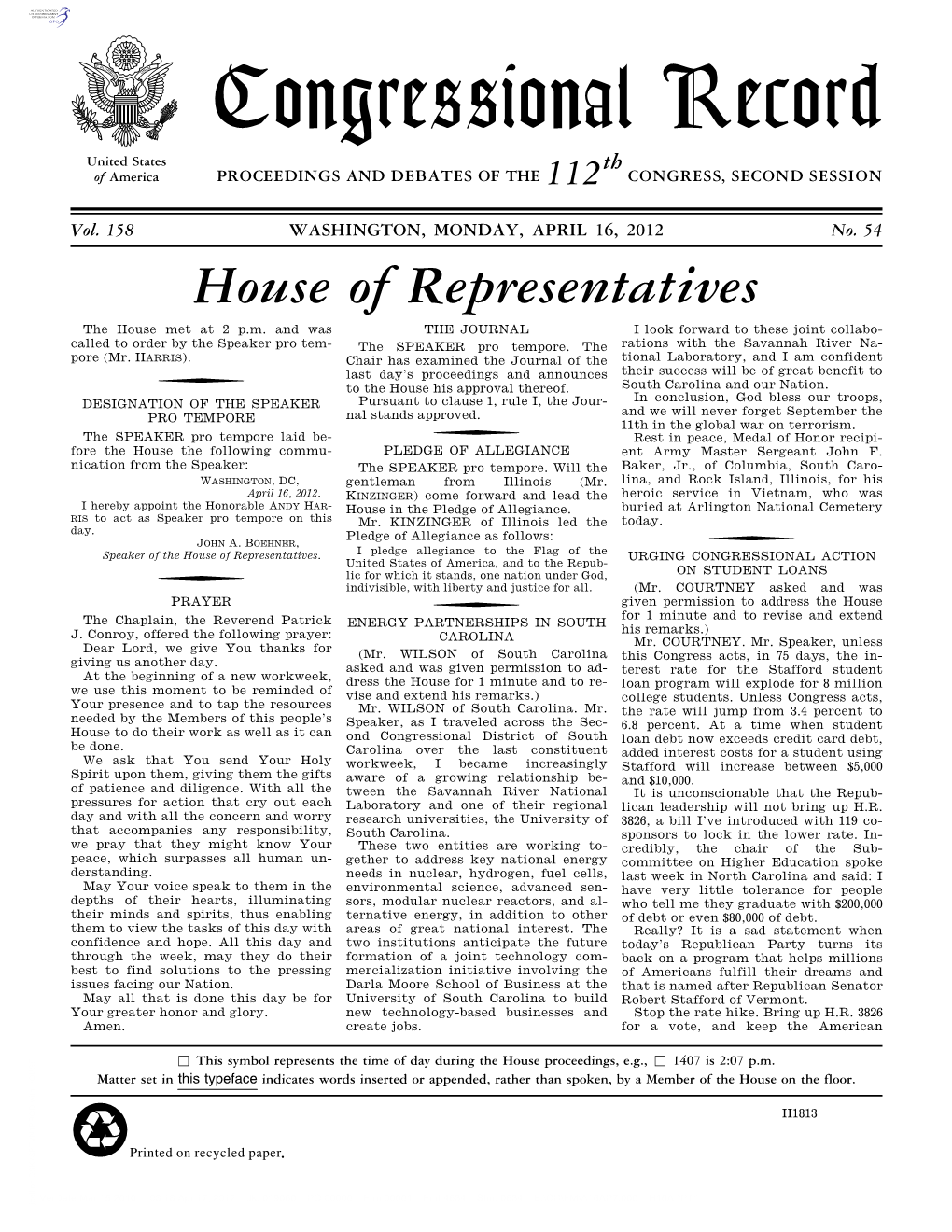 Congressional Record United States Th of America PROCEEDINGS and DEBATES of the 112 CONGRESS, SECOND SESSION