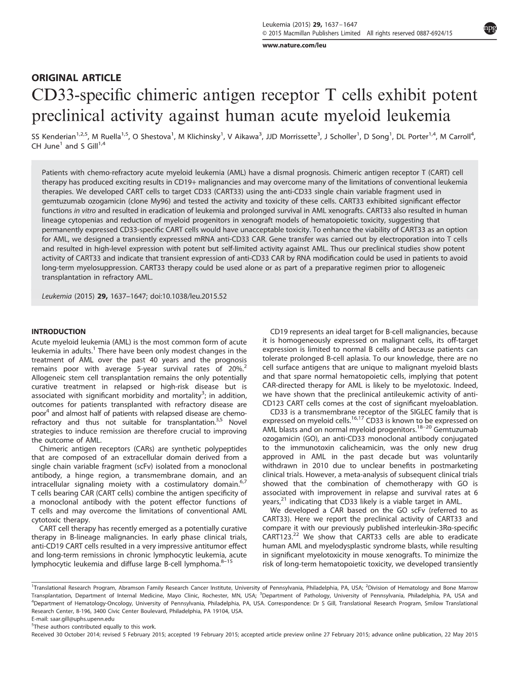 CD33-Specific Chimeric Antigen Receptor T Cells Exhibit Potent Preclinical Activity Against Human Acute Myeloid Leukemia