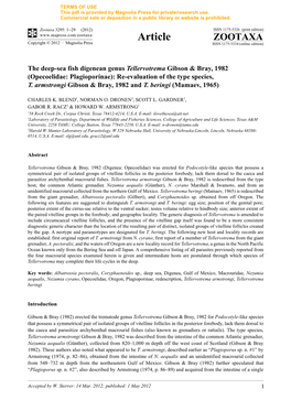 Opecoelidae: Plagioporinae): Re-Evaluation of the Type Species, T