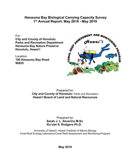 Hanauma Bay Biological Carrying Capacity Survey 1St Annual Report: May 2018 - May 2019