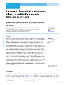 Increased Plasma Leptin Attenuates Adaptive Metabolism in Early Lactating Dairy Cows
