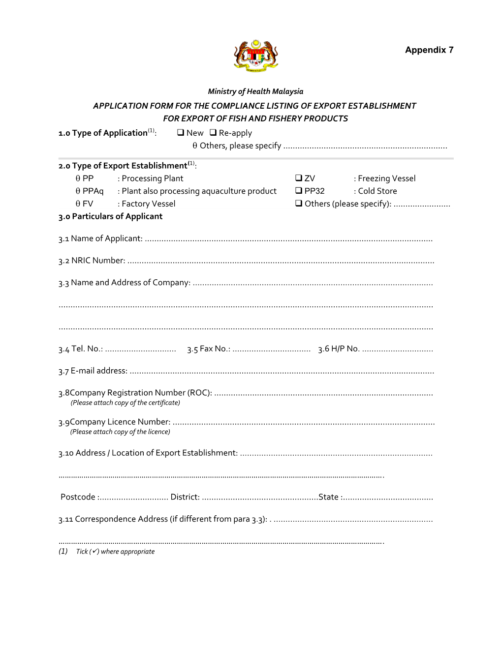 Application Form for the Compliance Listing of Export Establishment