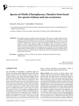 Species of Nitella (Charophyceae, Charales) from Israel: Low Species Richness and Rare Occurrence