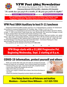 VFW Post 5864 Newsletter 1842 Veterans Way, Greenwood, in 46143 – Phone 317-888-2488