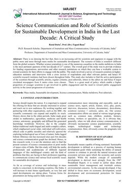 Science Communication and Role of Scientists for Sustainable Development in India in the Last Decade: a Critical Study