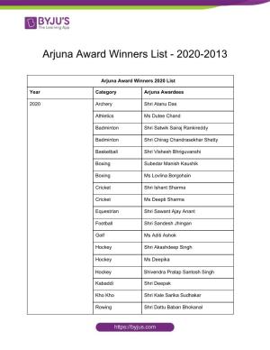 Arjuna Award Winners List - 2020-2013