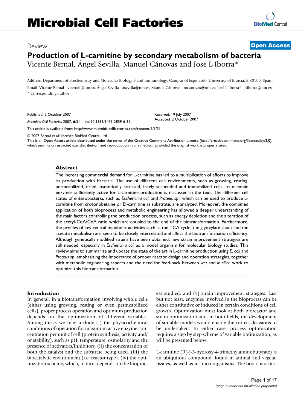Production of L-Carnitine by Secondary Metabolism of Bacteria Vicente Bernal, Ángel Sevilla, Manuel Cánovas and José L Iborra*