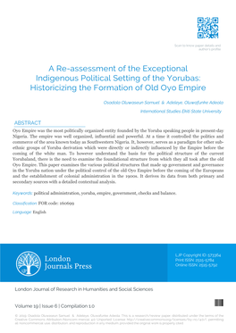 A Re-Assessment of the Exceptional Indigenous Political Setting of the Yorubas: Historicizing the Formation of Old Oyo Empire