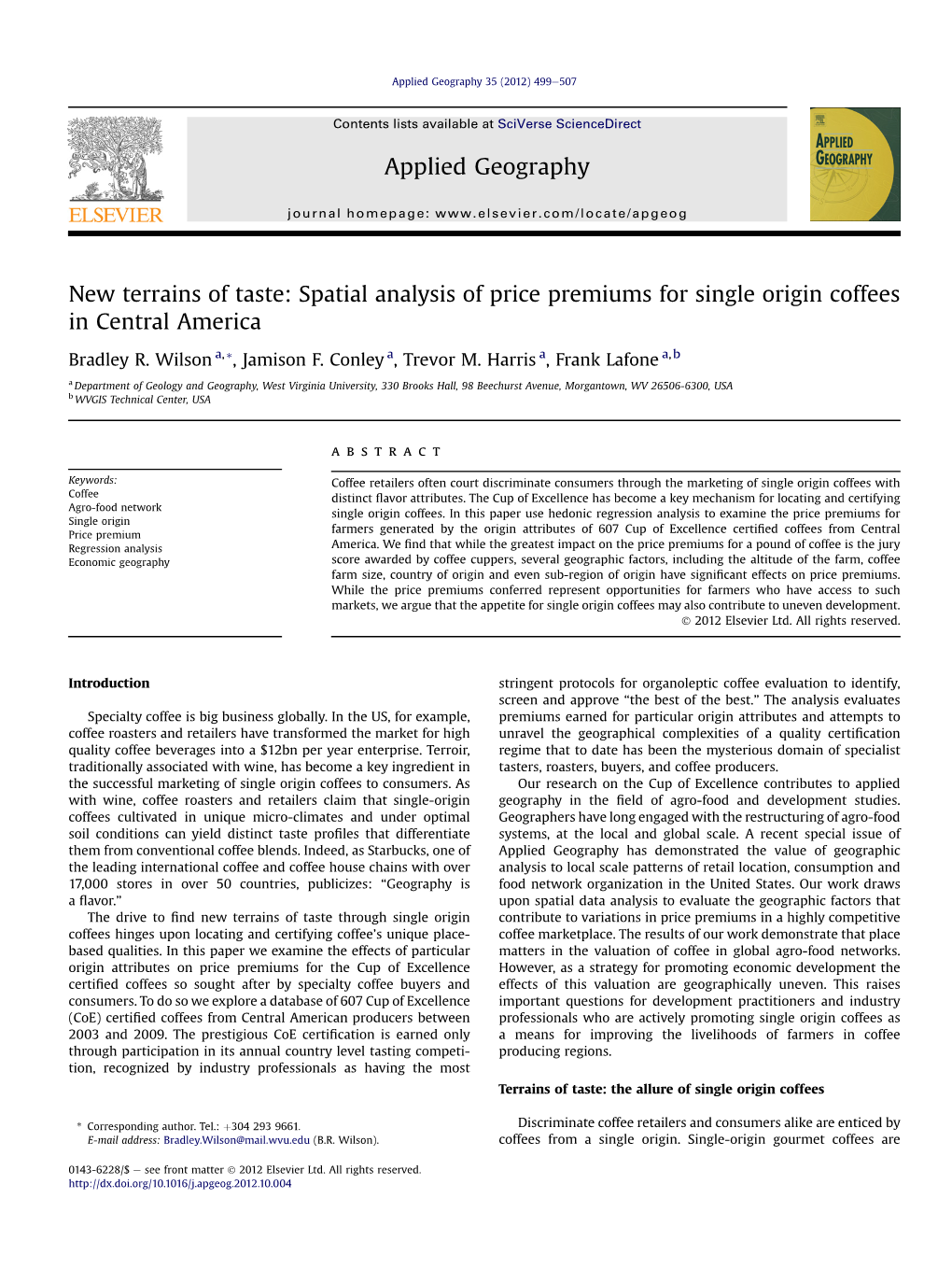 New Terrains of Taste: Spatial Analysis of Price Premiums for Single Origin Coffees in Central America