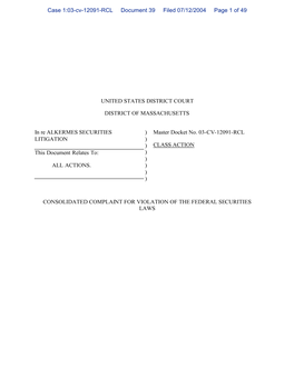 In Re: Alkermes Securities Litigation 03-CV-12091-Consolidated