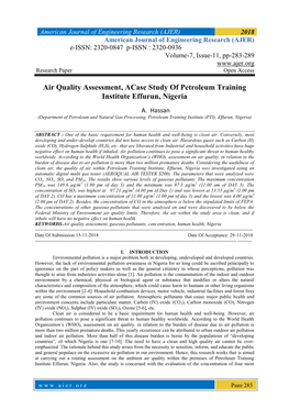Air Quality Assessment, Acase Study of Petroleum Training Institute Effurun, Nigeria