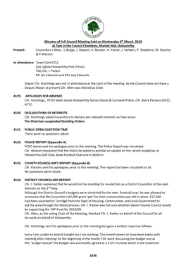 Minutes of Full Council Meeting Held on Wednesday 6Th March 2019 at 7Pm in the Council Chambers, Market Hall, Holsworthy Present: Councillors J Allen, J, Briggs, J