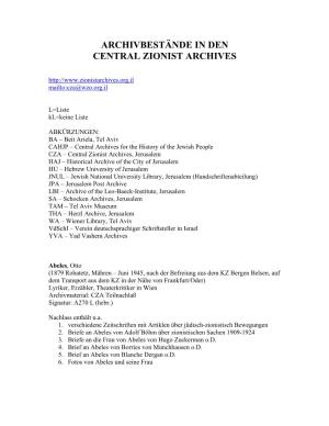 Archivbestände in Den Central Zionist Archives (CZA)