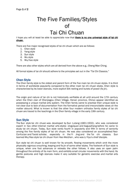 The Five Families/Styles of Tai Chi Chuan I Hope You Will at Least Be Able to Appreciate Now That There Is No One Universal Style of Tai Chi Chuan