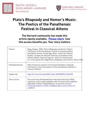 Plato's Rhapsody and Homer's Music: the Poetics of the Panathenaic Festival in Classical Athens
