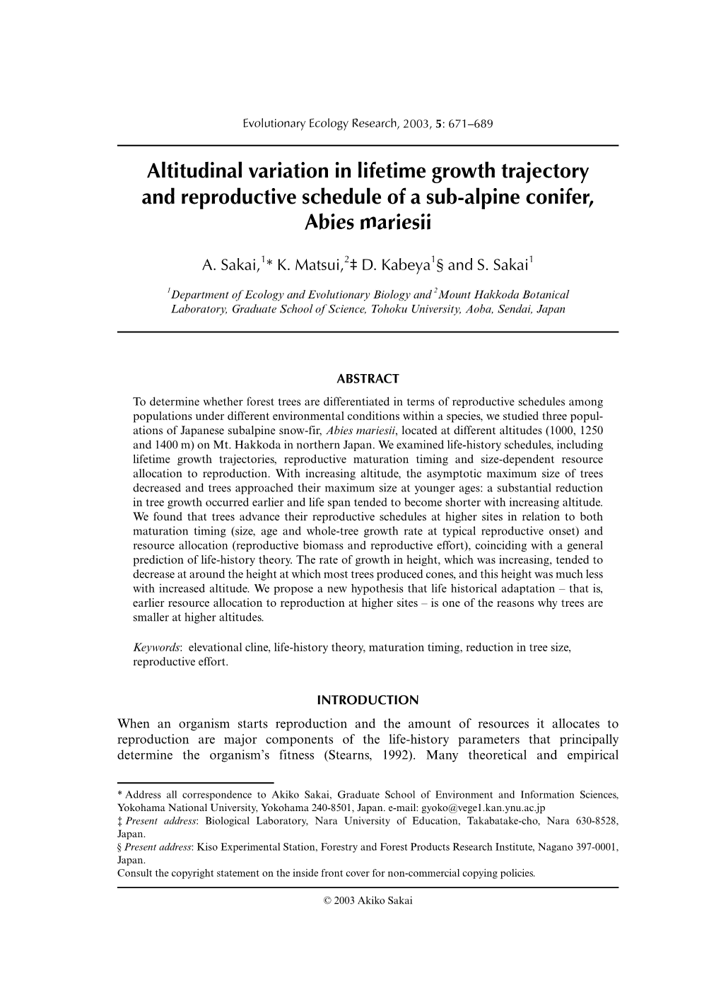 Altitudinal Variation in Lifetime Growth Trajectory and Reproductive Schedule of a Sub-Alpine Conifer, Abies Mariesii