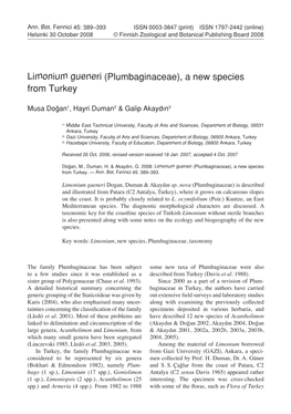 Limonium Gueneri (Plumbaginaceae), a New Species from Turkey