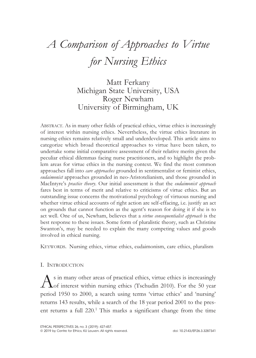 A Comparison of Approaches to Virtue for Nursing Ethics