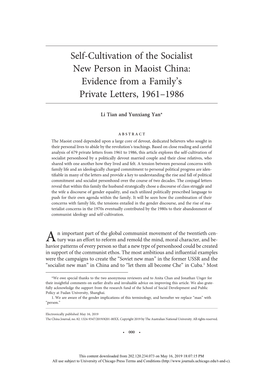 Self-Cultivation of the Socialist New Person in Maoist China: Evidence from a Family’S Private Letters, 1961–1986