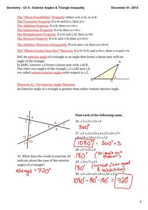 Geometry ­ Ch 5 ­ Exterior Angles & Triangle Inequality December 01, 2014