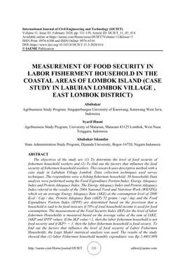 Measurement of Food Security in Labor Fisherment Household in the Coastal Areas of Lombok Island (Case Study in Labuhan Lombok Village , East Lombok District)
