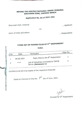 Particulars 1 the 8Th Respondent 08.06.2021 Reply Filed by TSPCB 4 Industries Connected to 2 **** List of Server (Annexure-1)