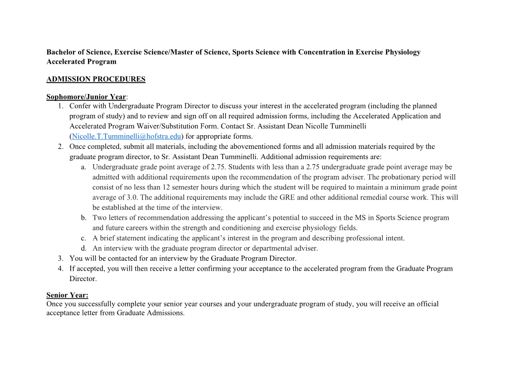 Concentration in Exercise Physiology Accelerated Program