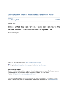 Citizens United, Corporate Personhood, and Corporate Power: the Tension Between Constitutional Law and Corporate Law