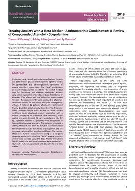 Treating Anxiety with a Beta Blocker - Antimuscarinic Combination: a Review of Compounded Atenolol - Scopolamine Thomas P Dooley1*, Ashley B Benjamin2 and Ty Thomas3