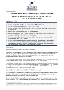 PREMIER INVESTMENTS NPAT of $137.8 Million, up 29.0%