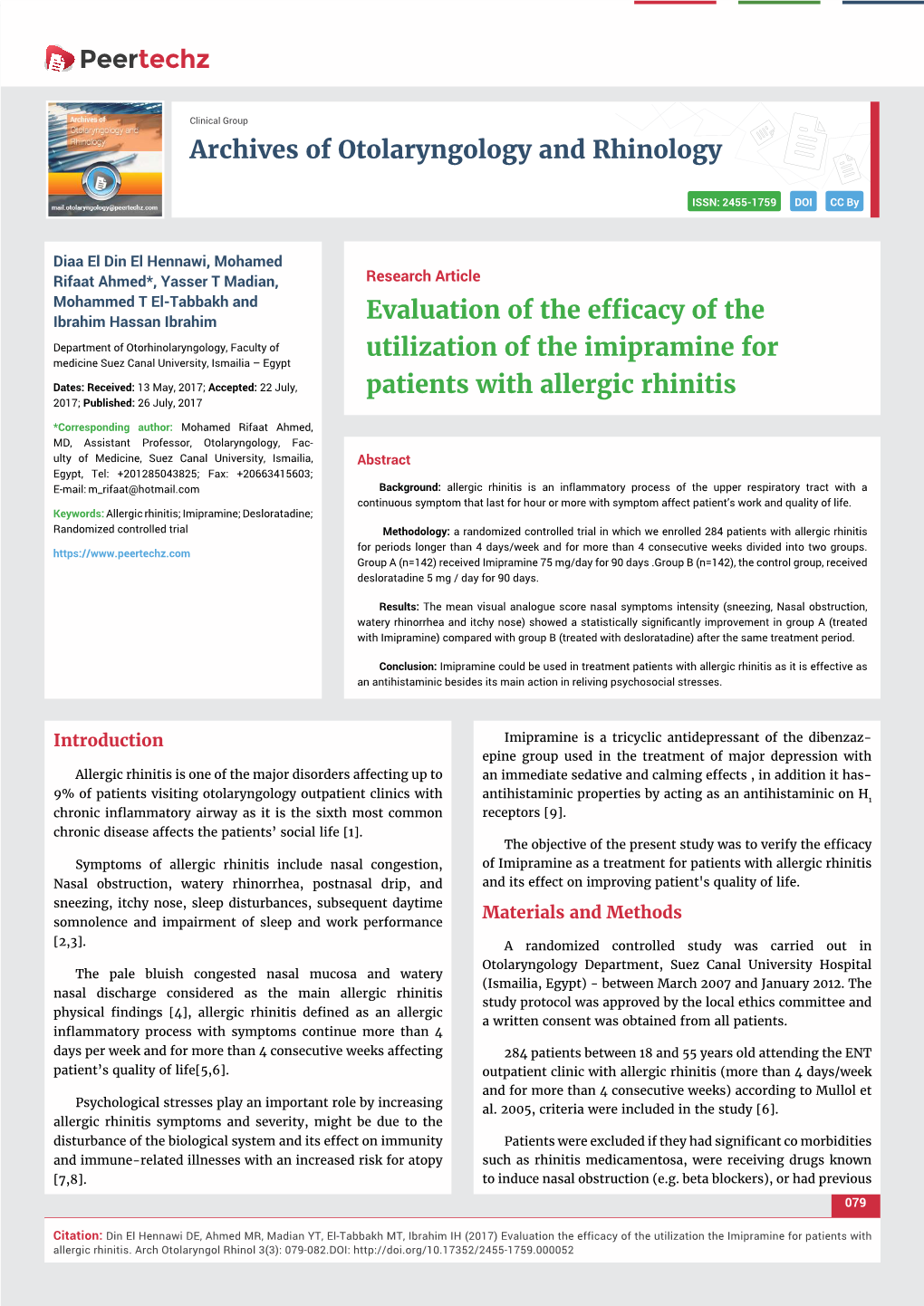 Evaluation of the Efficacy of the Utilization of the Imipramine For