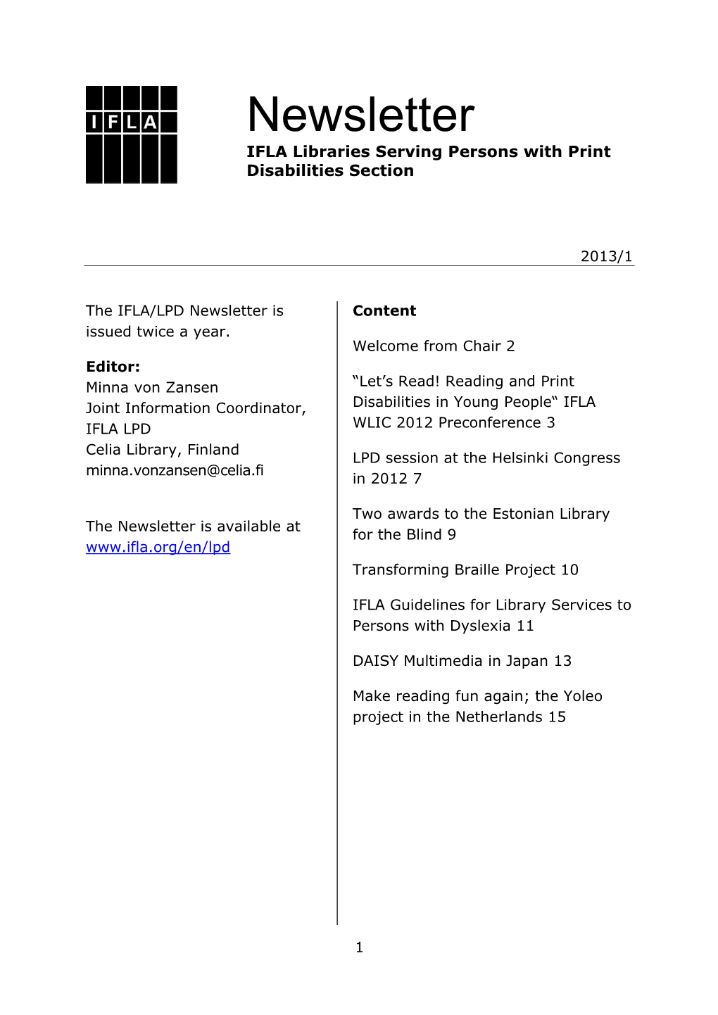 Newsletter IFLA Libraries Serving Persons with Print Disabilities Section