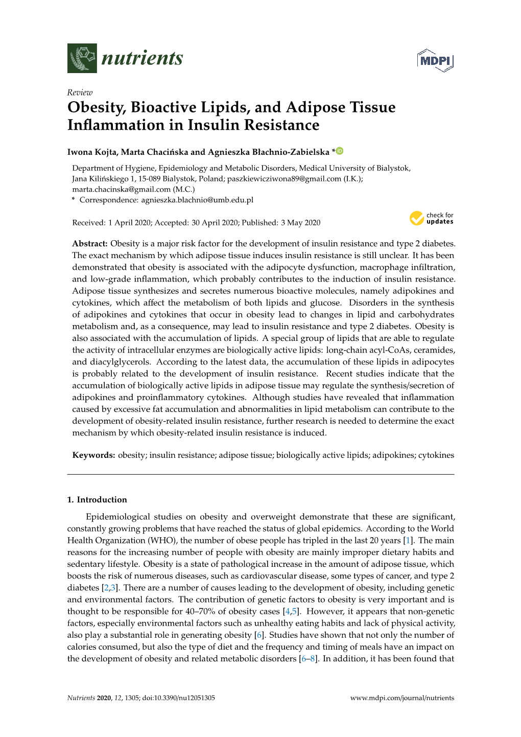 Obesity, Bioactive Lipids, and Adipose Tissue Inflammation in Insulin