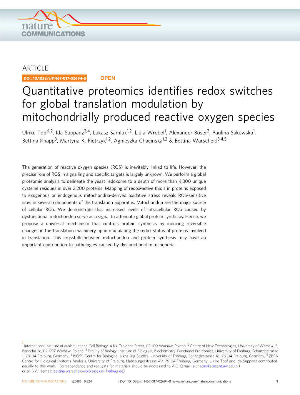 Quantitative Proteomics Identifies Redox Switches for Global Translation