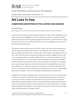 CUNEIFORM INSCRIPTIONS in the LOOTED IRAQ MUSEUM by ROBERT BIGGS Robert Biggs, Ph