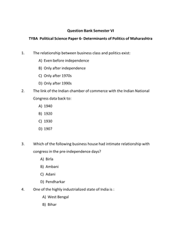 Question Bank Semester VI TYBA Political Science Paper 6- Determinants of Politics of Maharashtra