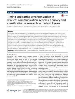 Timing and Carrier Synchronization in Wireless Communication Systems: a Survey and Classification of Research in the Last 5 Years Ali A