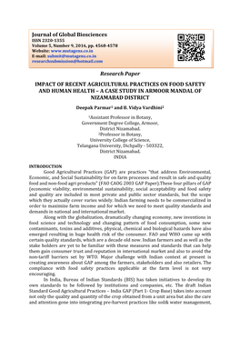 Research Paper IMPACT of RECENT AGRICULTURAL PRACTICES on FOOD SAFETY and HUMAN HEALTH – a CASE STUDY in ARMOOR MANDAL of NIZAMABAD DISTRICT Deepak Parmar1 and B