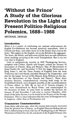 A Study of the Glorious Revolution in the Light of Present Politico-Religious Polemics, 1688-1988 MICHAEL DEWAR