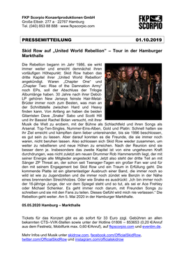 PRESSEMITTEILUNG 01.10.2019 Skid Row Auf „United World