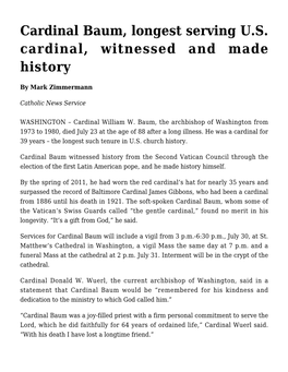 Cardinal Baum, Longest Serving U.S. Cardinal, Witnessed and Made History