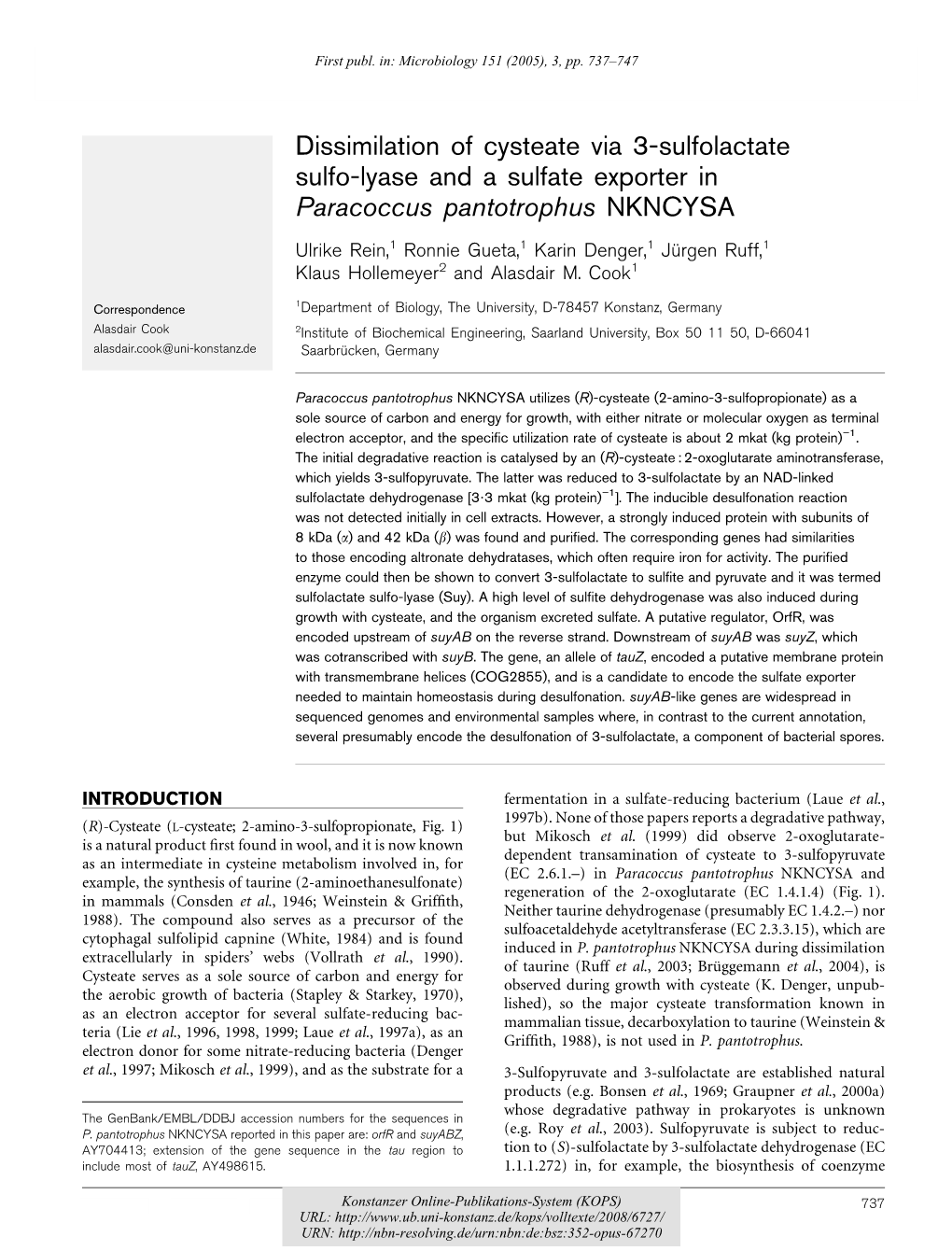 Dissimilation of Cysteate Via 3-Sulfolactate Sulfo-Lyase and a Sulfate Exporter in Paracoccus Pantotrophus NKNCYSA