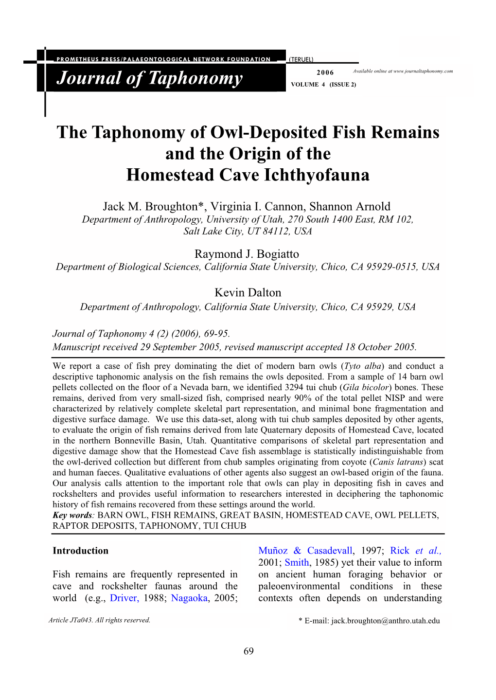 Journal of Taphonomy VOLUME 4 (ISSUE 2)