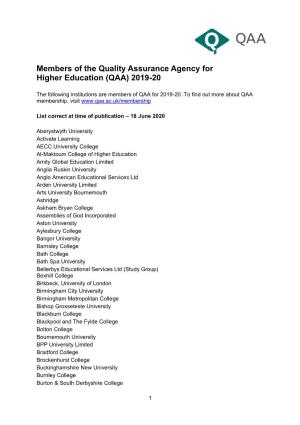 Members of the Quality Assurance Agency for Higher Education (QAA) 2019-20