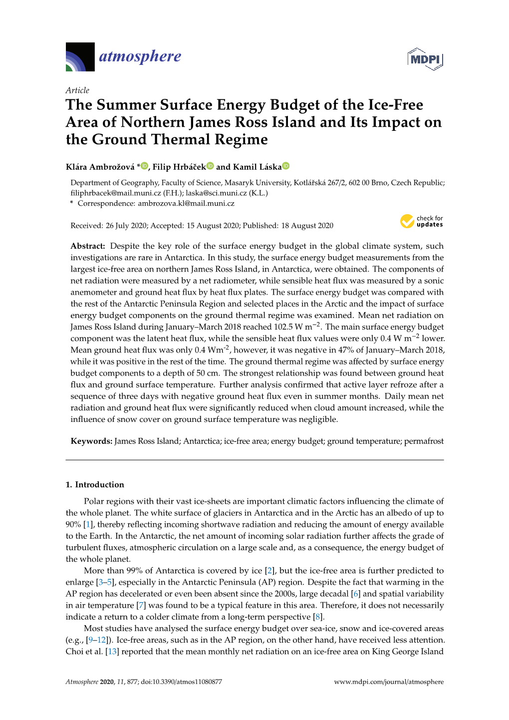 The Summer Surface Energy Budget of the Ice-Free Area of Northern James Ross Island and Its Impact on the Ground Thermal Regime