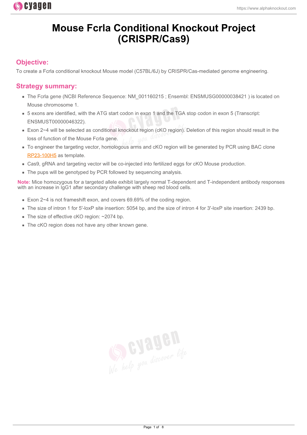 Mouse Fcrla Conditional Knockout Project (CRISPR/Cas9)