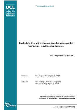 Étude De La Diversité Archéenne Dans Les Salaisons, Les Fromages Et Les Aliments À Saumure Présenté Par Anthony Bernard Présenté Par Lucie Dubois