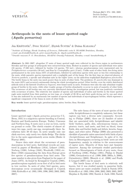 Arthropods in the Nests of Lesser Spotted Eagle (Aquila Pomarina)