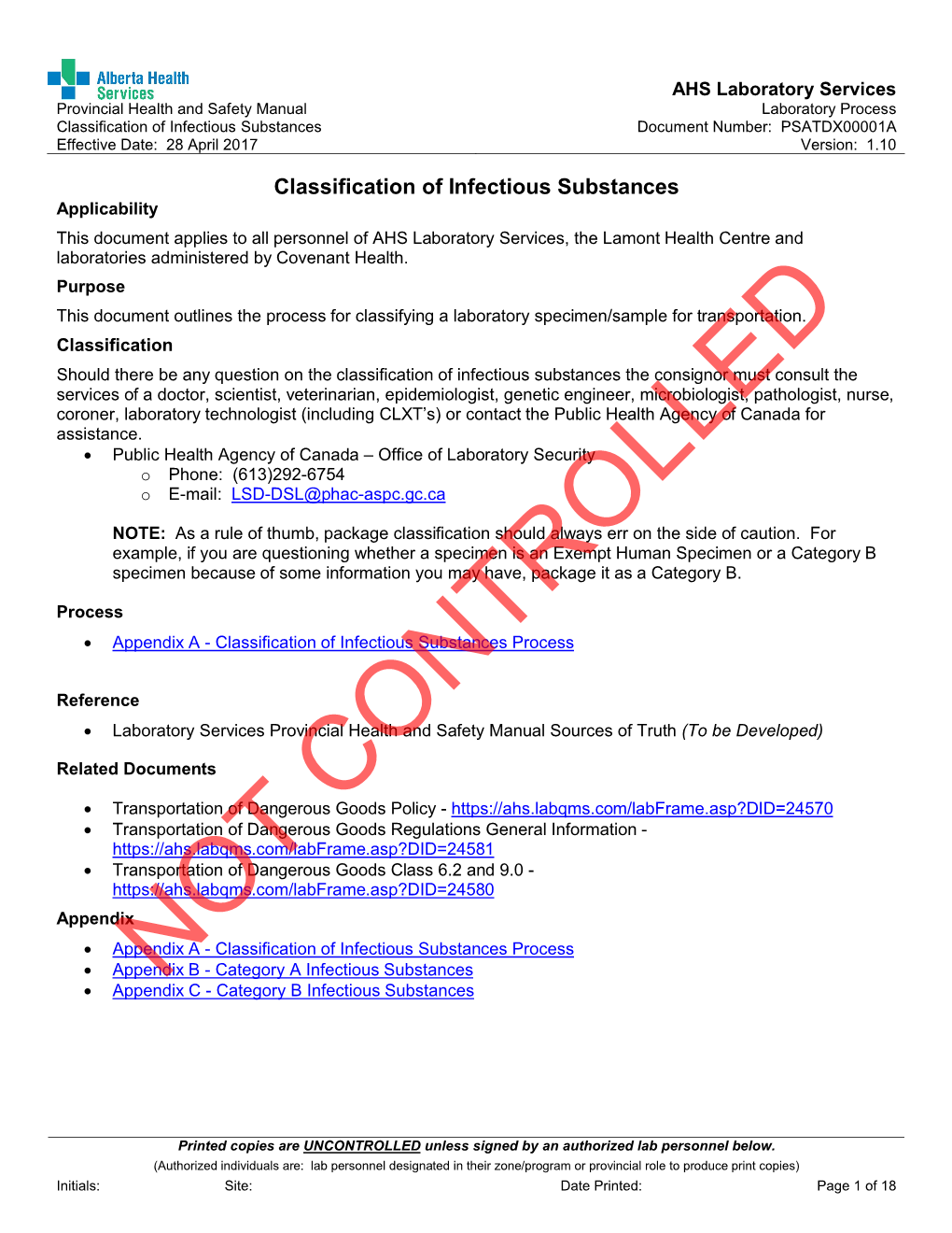 Classification of Infectious Substances Document Number: PSATDX00001A Effective Date: 28 April 2017 Version: 1.10