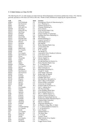 U. S. Radio Stations As of June 30, 1922 the Following List of U. S. Radio
